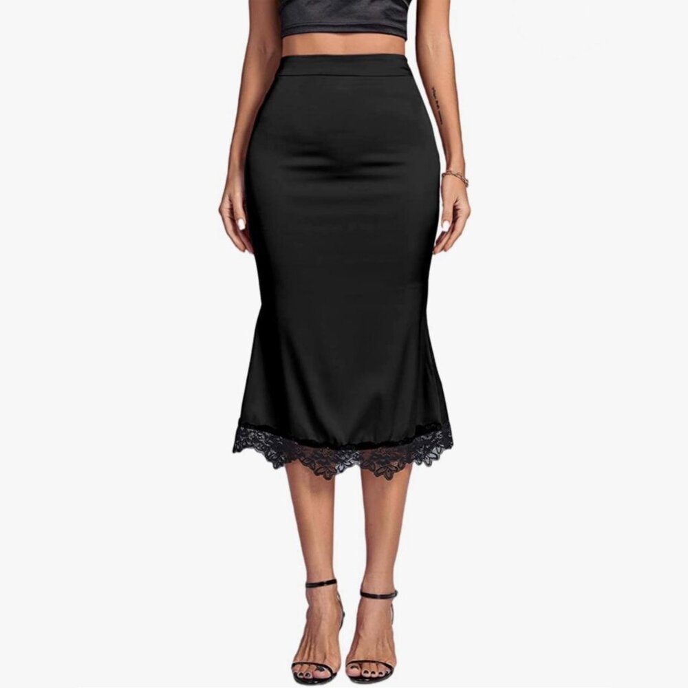 Black Silk Lace Trimmed Midi Skirt